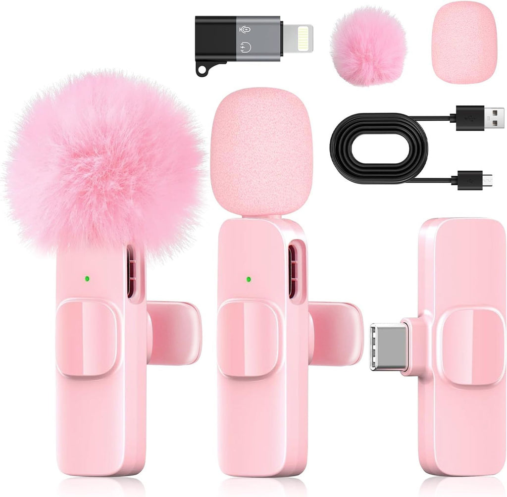 Lavalier Microphone with Noise Cancellation, Plug & Play Pink