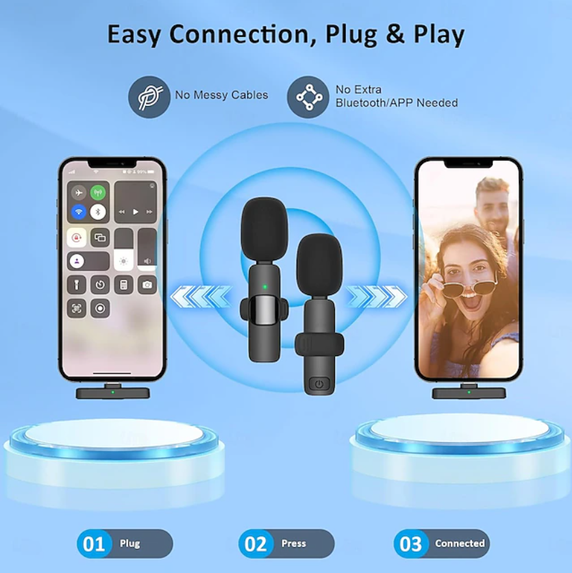 Wireless Lavalier Microphone Bluetooth Lapel Phone Mic for Video Recording - Mini Clip on Microphones for iPhone & Android